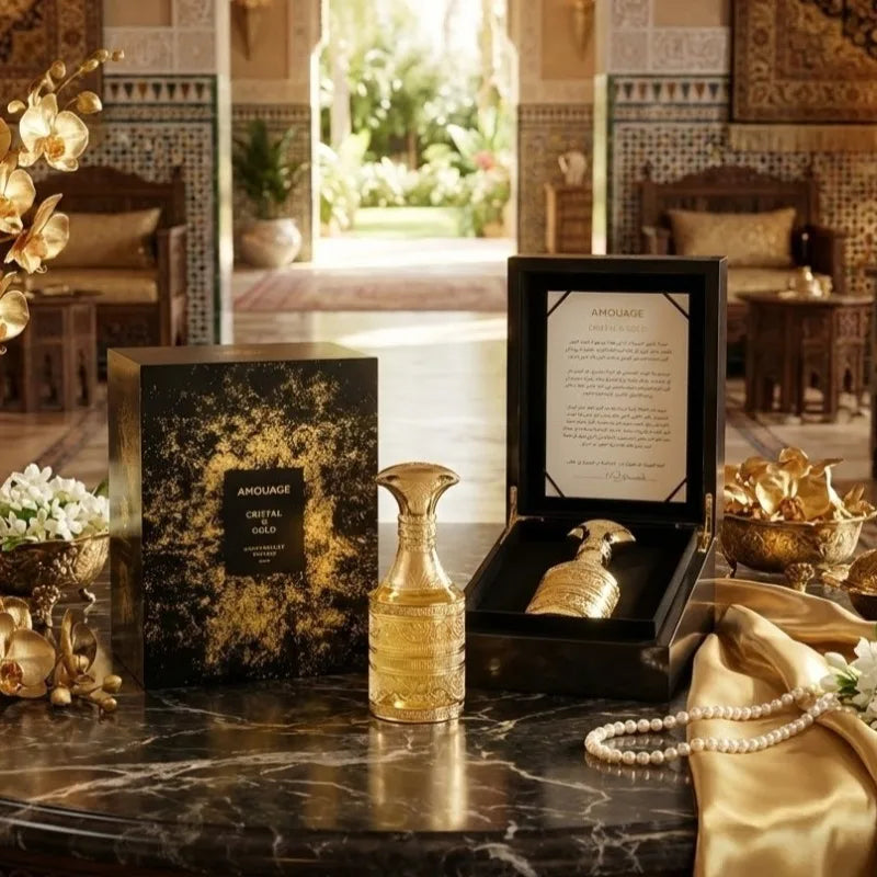 AMOUAGE Cristal Gold Luxury Man Eau De Parfum 50ml Long Lasting Elegant Radiant Sensual Scent Rich Amber Floral Warm Creamy Aura