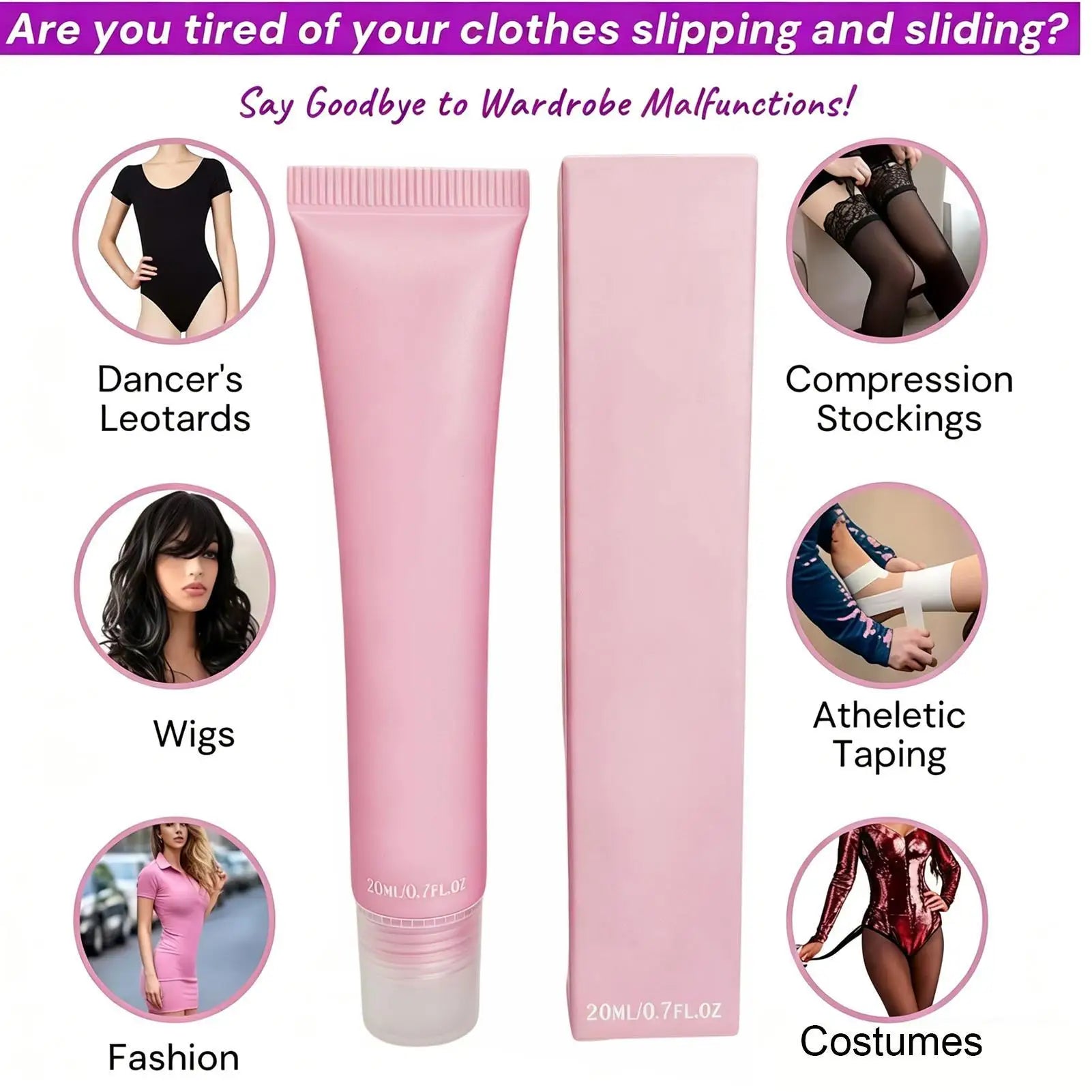 Adhésif corporel pour vêtements, séchage rapide, sans danger pour les tissus, 20 ml, résistant à la sueur, lavable, colle pour vêtements et peau, pour le travail et les trajets quotidiens